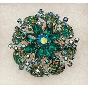 Vintage Beau Jewels Green, AB, and Pressed Stones with Gold Accent Floral Brooch